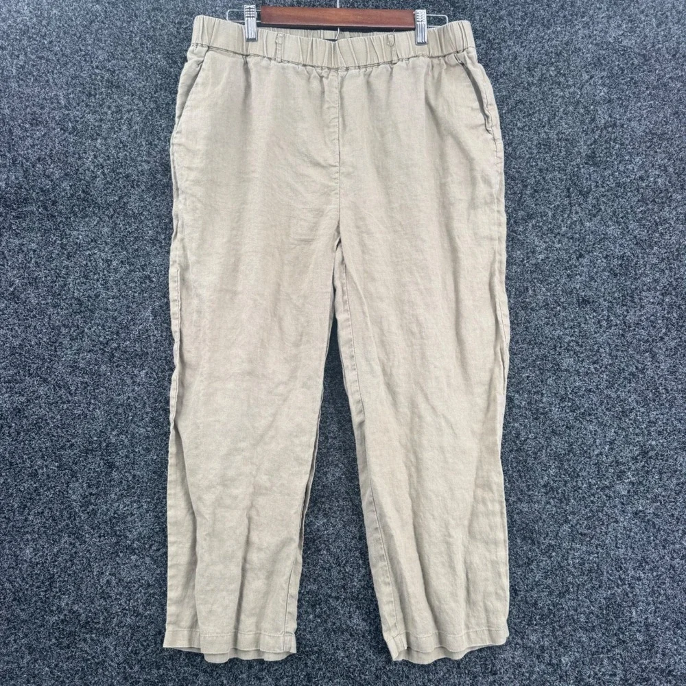 Quince 100% European Linen Straight Leg Pants Tan Khaki Elastic Waist Womens L